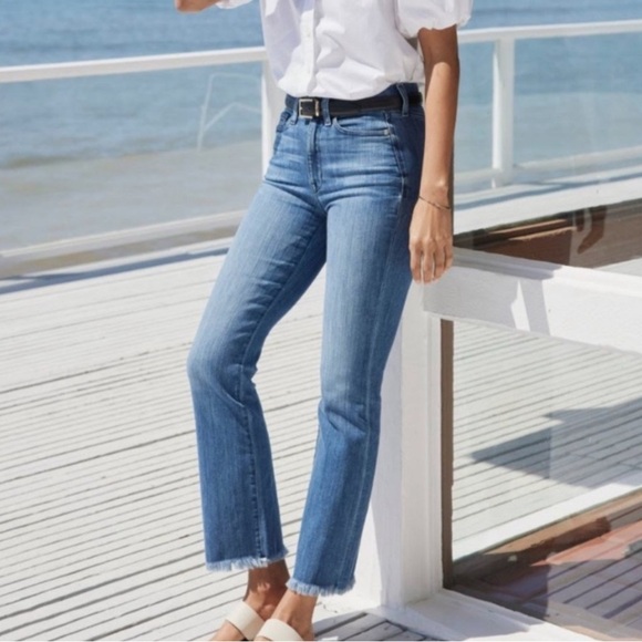 AYR The Bomb Pop Strait Leg High Rise Jeans Raw Hem Blue Size 25 Flattering Edgy - Picture 1 of 16